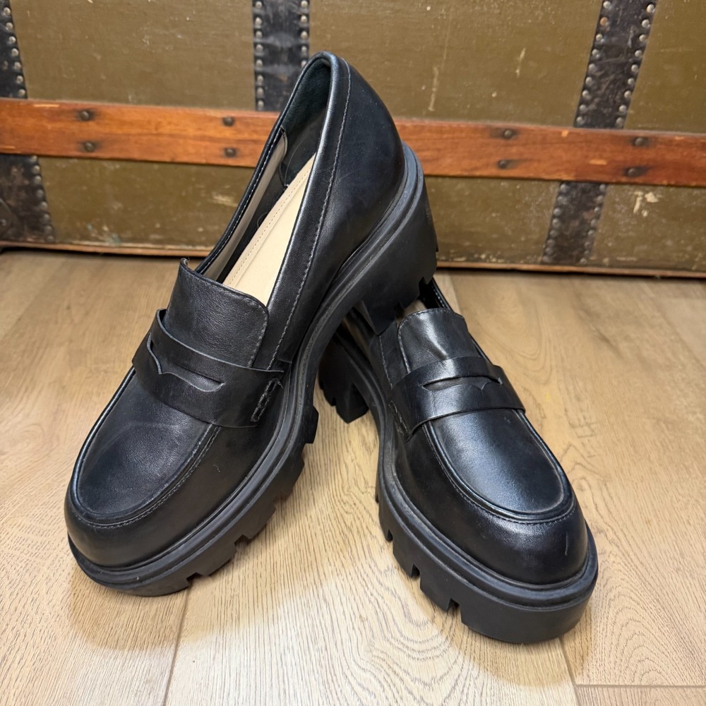 Schutz Leather Lug Loafers Black Viola Tractor 9.5B Y2K Academia Chunky Platform